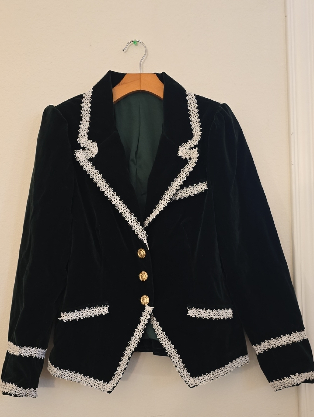 Velvet Dark Green Lace-Trim Women's Blazer Jacket